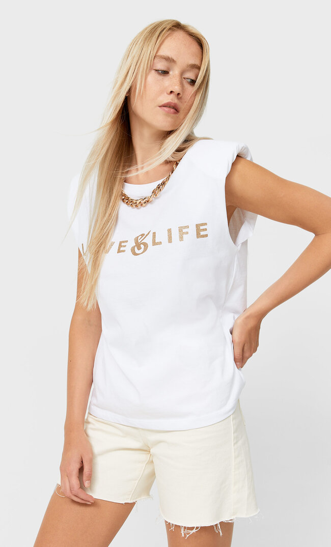 

Stradivarius Shirt Mit Schulterpolstern Und Zierkette Weiß L