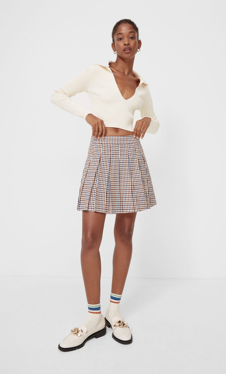 Checked box pleat skirt