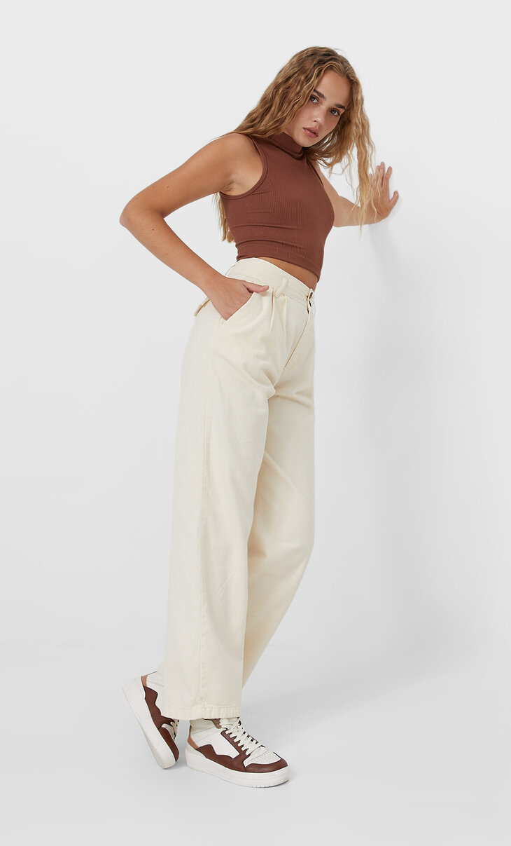 Wide-leg twill trousers - Women's Wide-leg | Stradivarius Costa Rica
