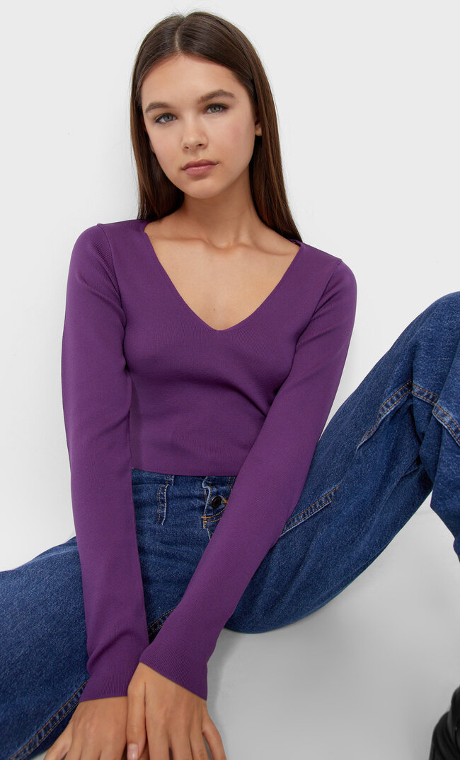 

Stradivarius Sweter Z Dekoltem W Serek Purpurowy L