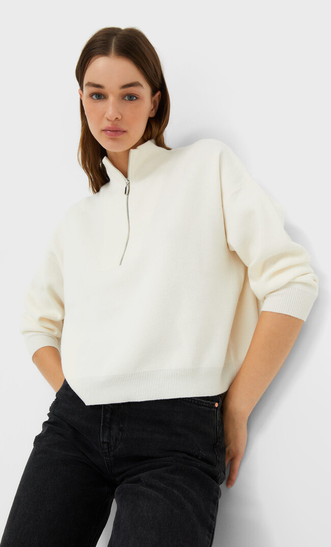 Stradivarius Sweter Z Suwakiem Ecru S