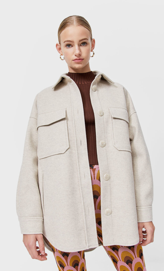 

Stradivarius Koszula Wierzchnia Oversize Z Dzianiny Ecru Xl