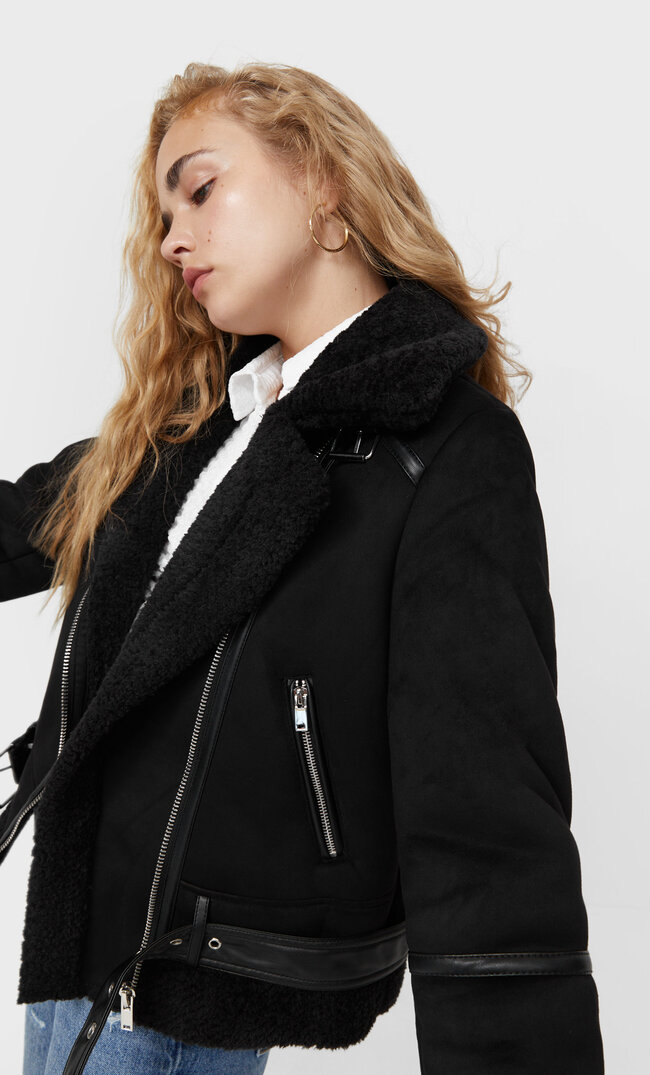 Stradivarius Doubleface-Bikerjacke Aus Wildlederimitat Schwarz L