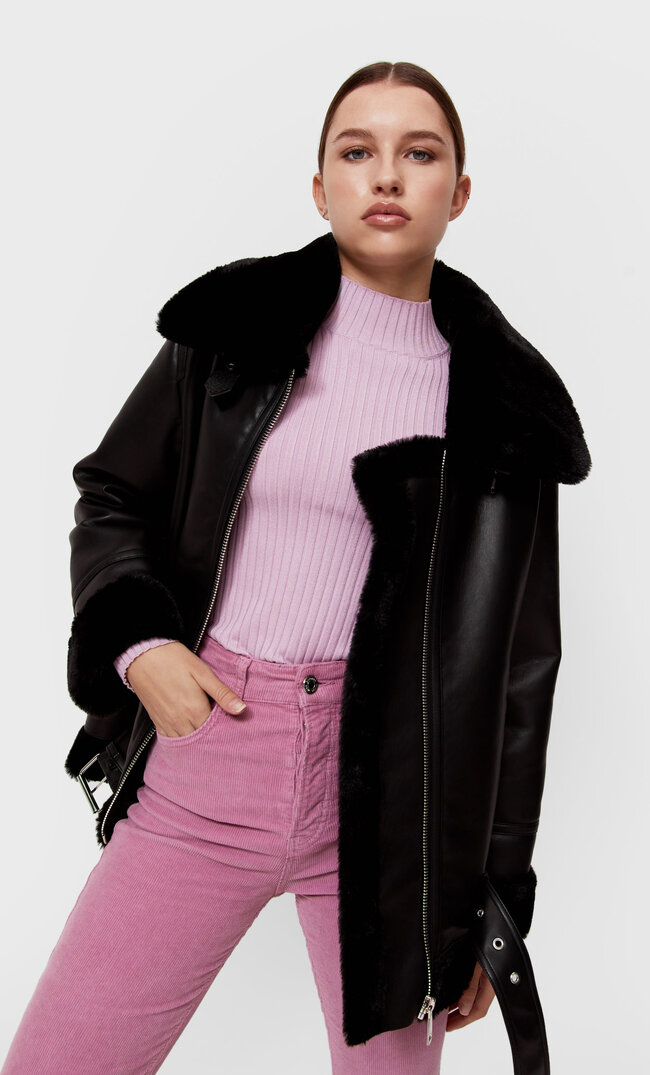 

Stradivarius Dwustronna Kurtka Aviator Ze Sztucznej Skóry Czarny M