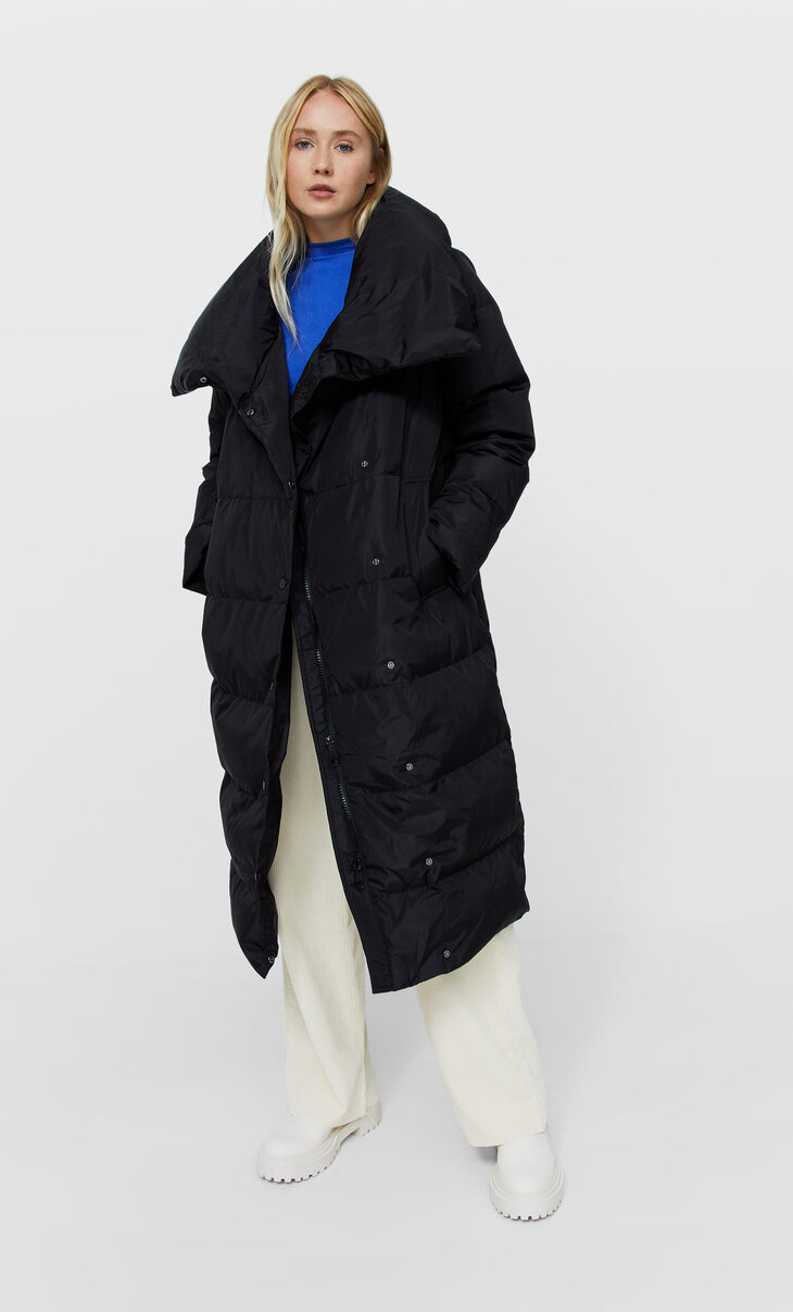 Down puffer coat with wraparound collar