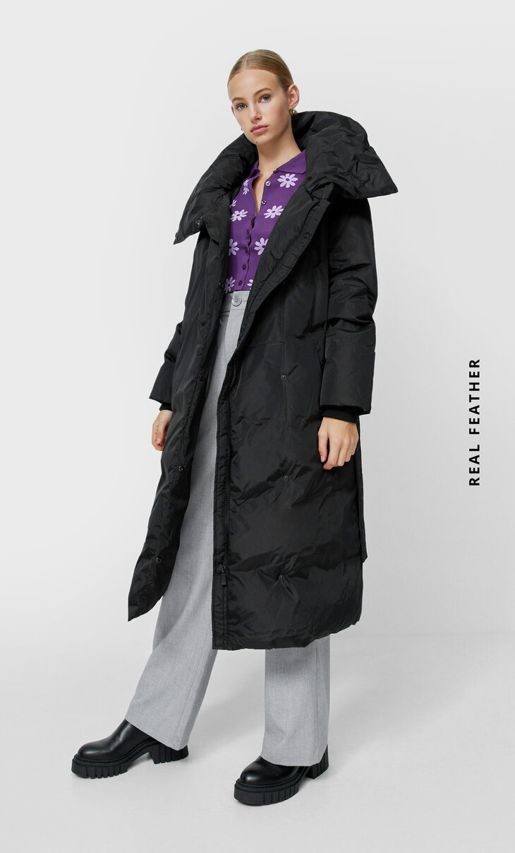 Down puffer coat with belt