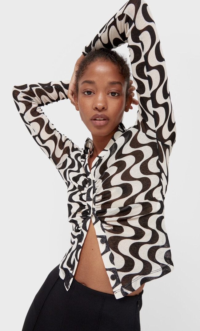 Stradivarius Gerafftes Hemd Mit Print Ecru Xl