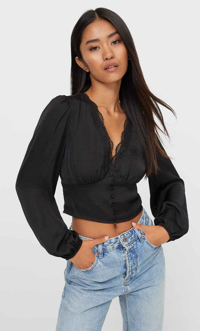 

Stradivarius Satynowa Bluzka Z Dekoltem W Serek Czarny Xl