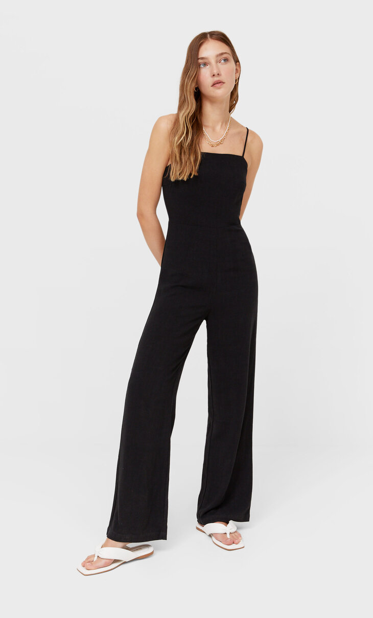 Linen long jumpsuit with button-up front