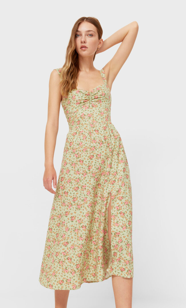 

Stradivarius Rustikales Midikleid Mit Blumenprint. Grün S
