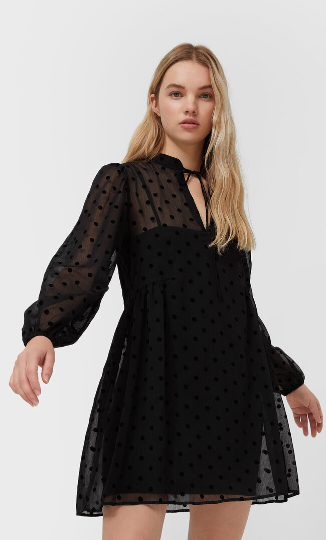 Stradivarius Krótka Sukienka W Grochy Czarny M
