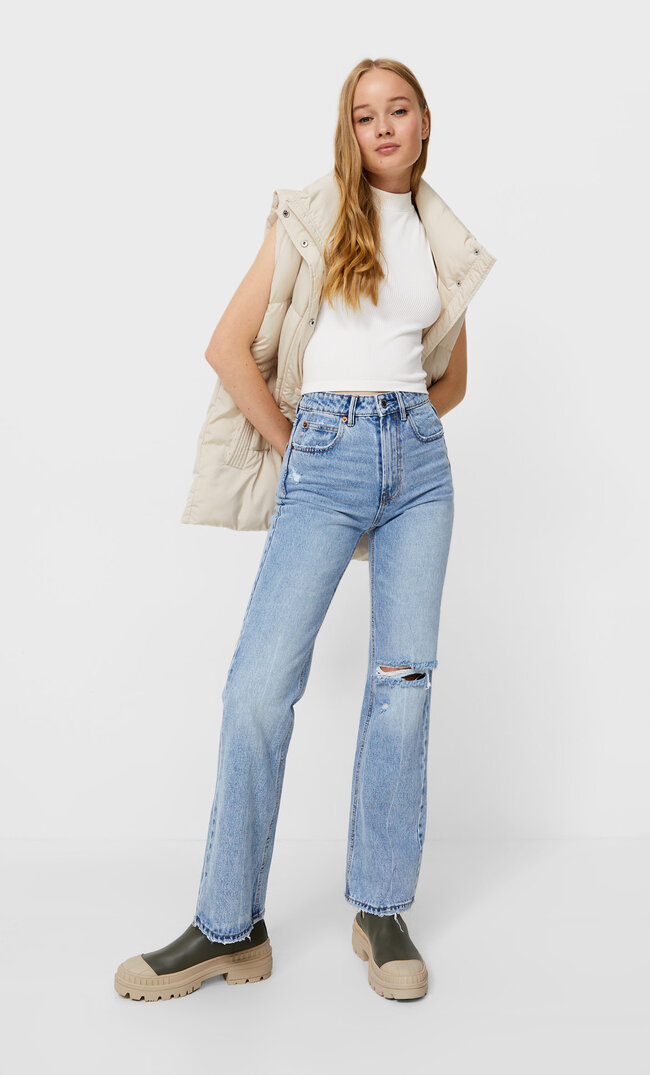 

Stradivarius Nahtloses Shirt Mit Geripptem Stehkragen Ecru S