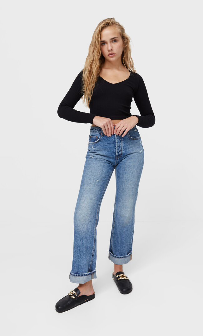 Stradivarius Nahtloses Shirt Mit V-Ausschnitt Schwarz L
