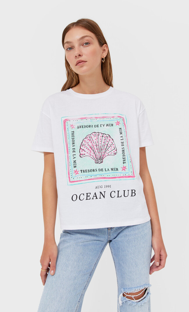 

Stradivarius Shirt Mit Meeresmotiv Weiß M