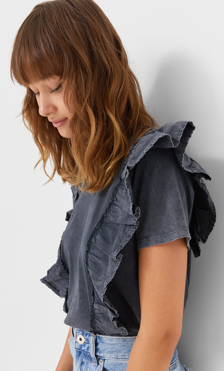 T-shirt in two materials with ruffle trim