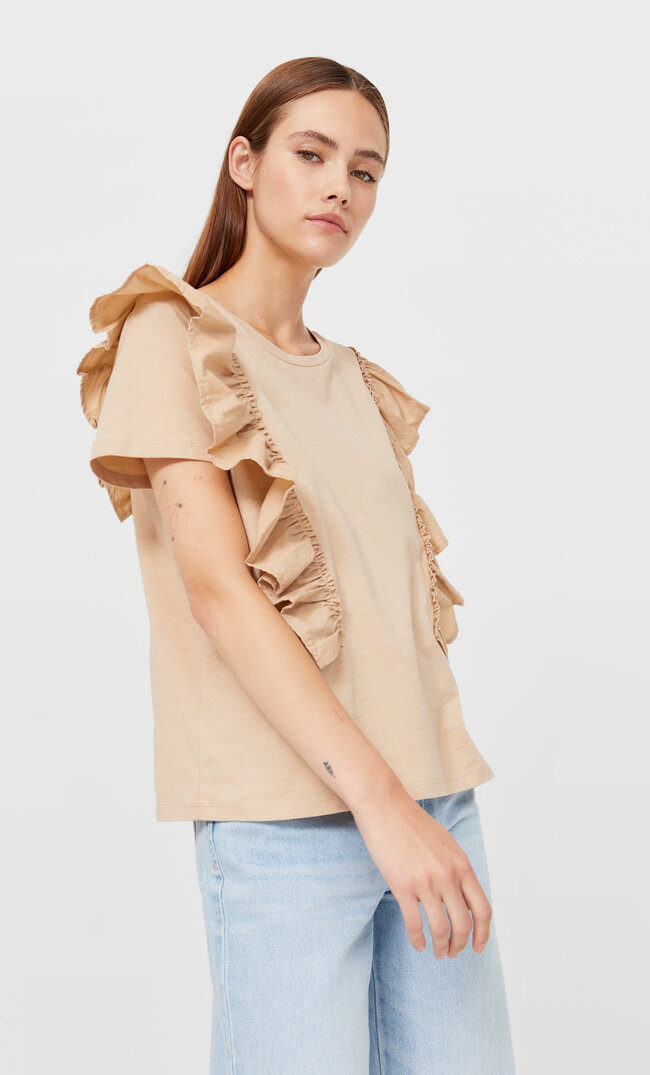 

Stradivarius Shirt Aus Zwei Materialien Mit Volant Steingrau L