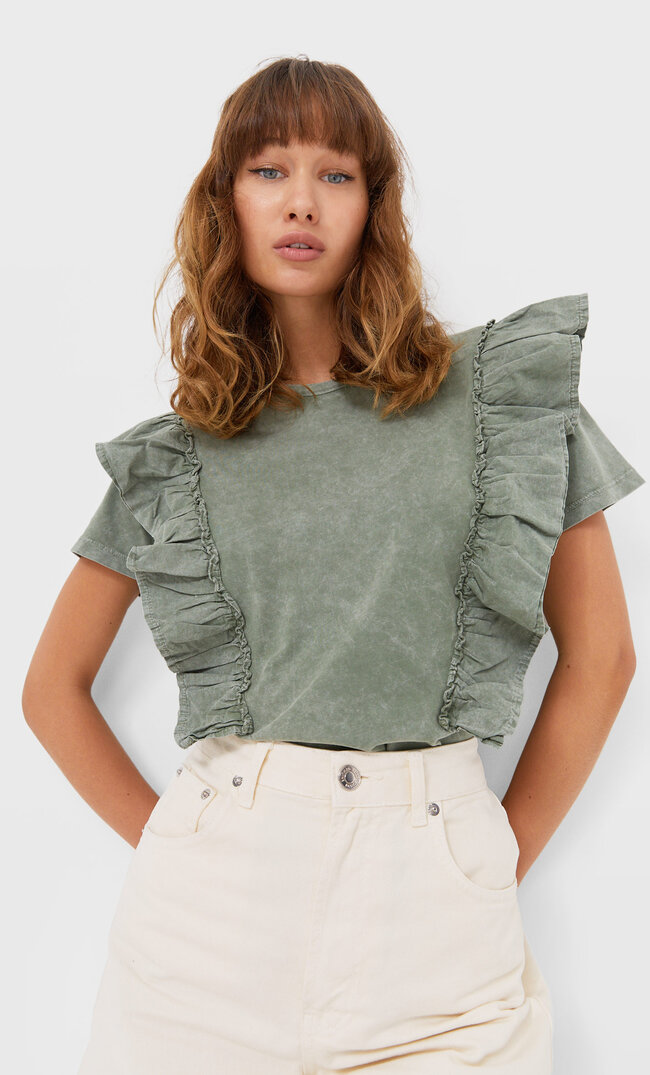 

Stradivarius Bluzka Z Łączonych Materiałów Z Falbanami Khaki S
