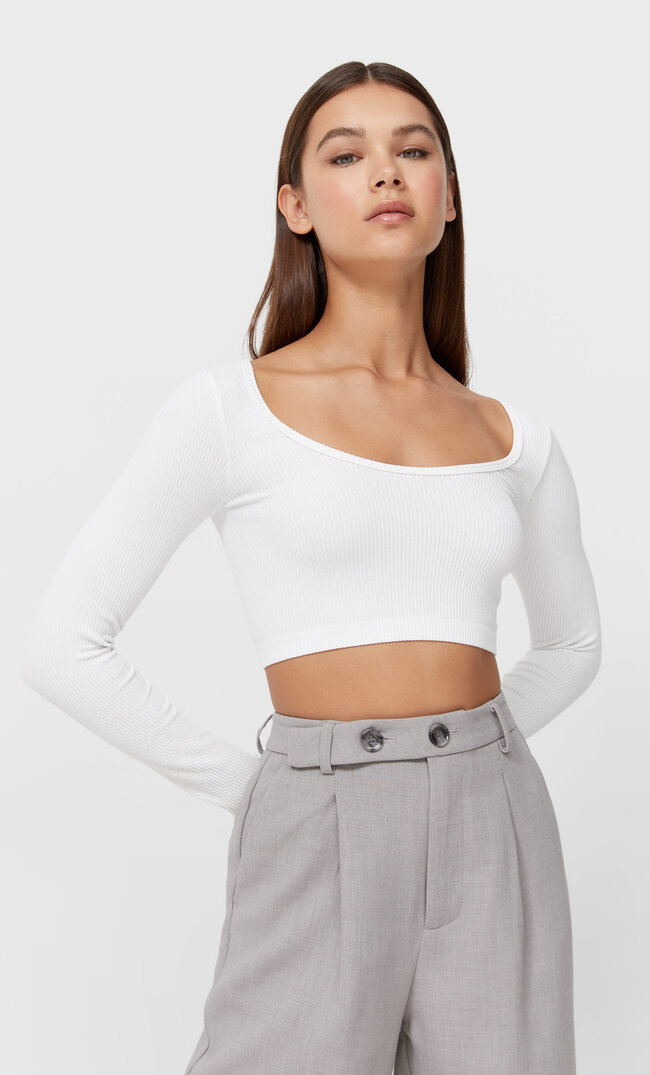 

Stradivarius Krótki Bezszwowy Top Ecru M