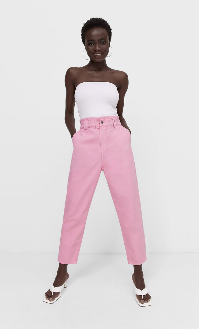 

Stradivarius Jeansy Baggy Z Diagonalu Kobieta Cukierkowy Róż Xs