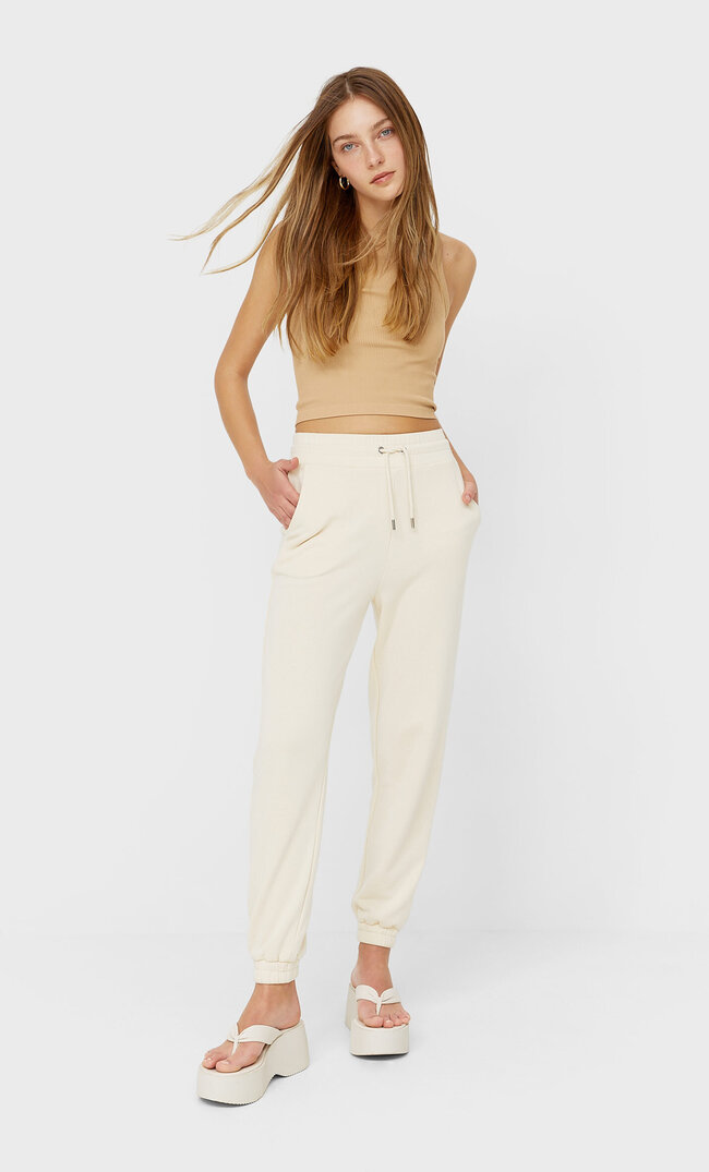 

Stradivarius Spodnie Jogger Z Dzianiny Dresowej Kobieta Waniliowy S