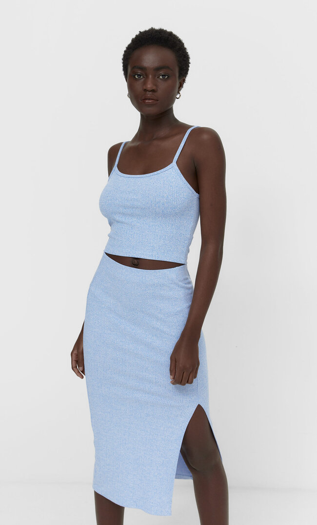 

Stradivarius Gerippter Midirock Himmelblau Xl