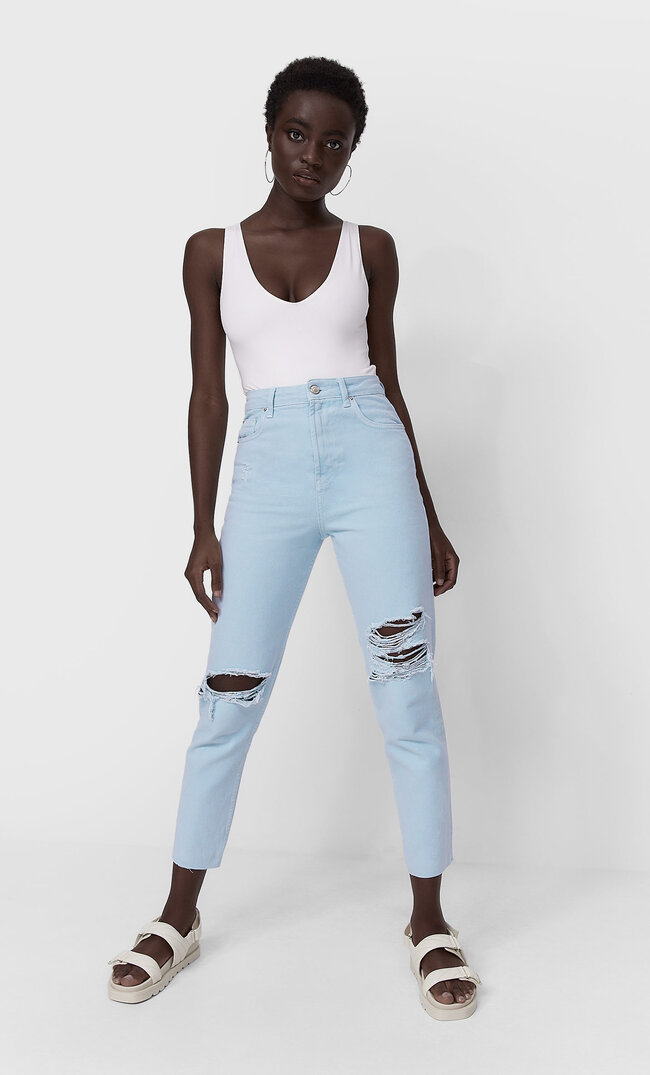 

Stradivarius Mom-Fit-Jeans Mit Schlitzen Himmelblau 44