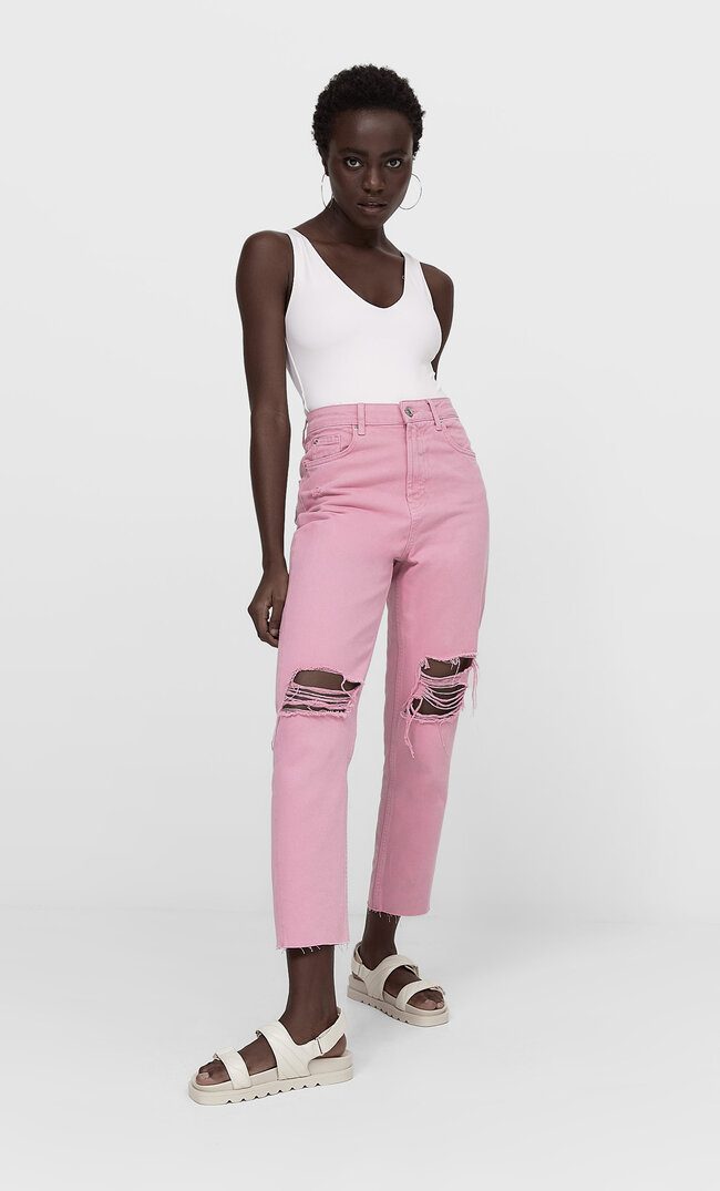 

Stradivarius Mom-Fit-Jeans Mit Schlitzen Kaugummirosa 42