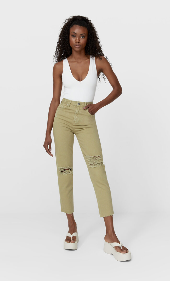 

Stradivarius Mom-Fit-Jeans Mit Schlitzen Grün 34