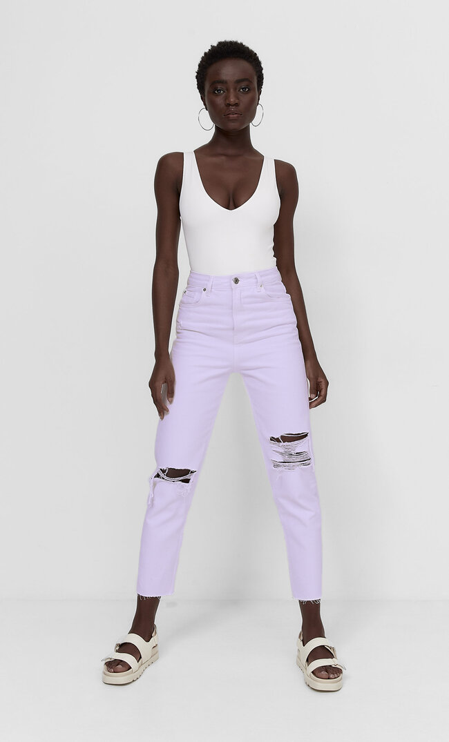 

Stradivarius Mom-Fit-Jeans Mit Schlitzen Lila 34