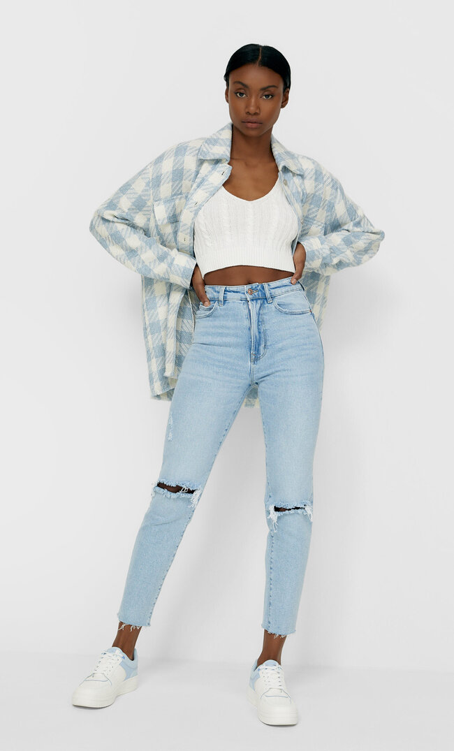 

Stradivarius Jeansy Mom Slim Kobieta Sprany Niebieski 34