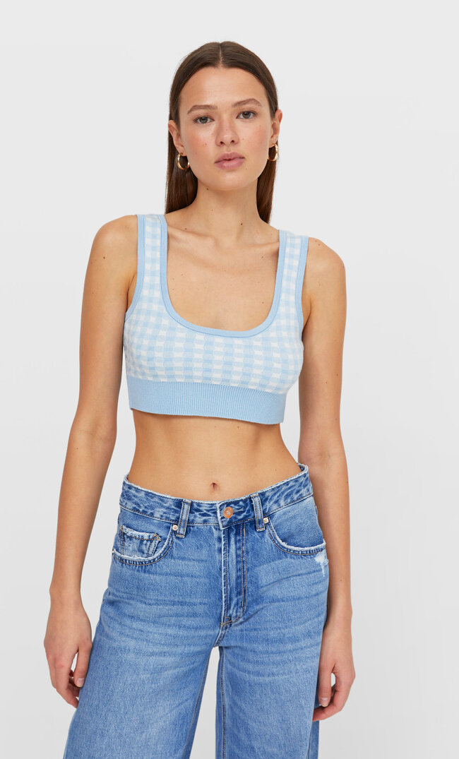 

Stradivarius Dzianinowy Top W Kratkę Vichy Kobieta Błękitny L