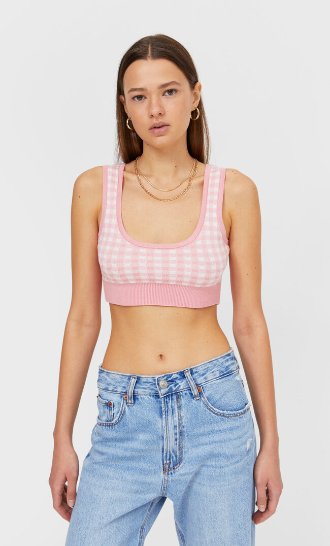 

Stradivarius Dzianinowy Top W Kratkę Vichy Kobieta Pudrowy Róż L