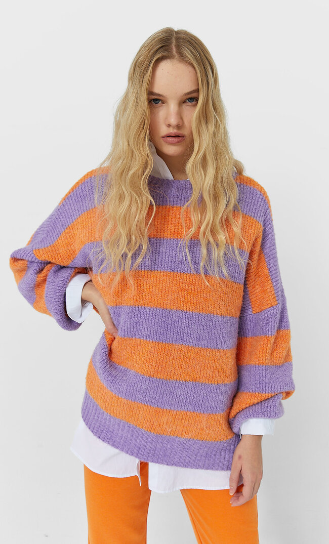 

Stradivarius Sweter W Kolorowe Paski Kobieta Pomarańczowy S