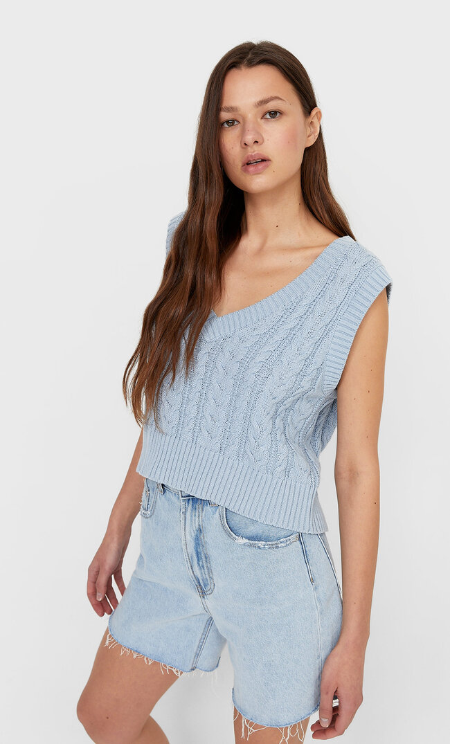 

Stradivarius Strickweste Mit Zopfmuster Himmelblau S
