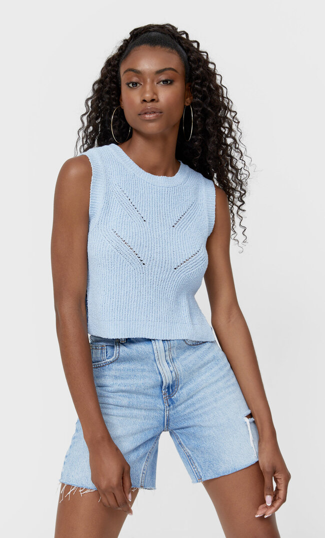 

Stradivarius Trikot-Top Mit Schlitzen Himmelblau M