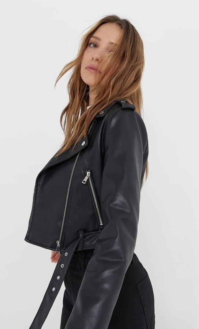 

Stradivarius Kurtka Basic Ze Sztucznej Skóry Z Paskiem Kobieta Czarny Xl