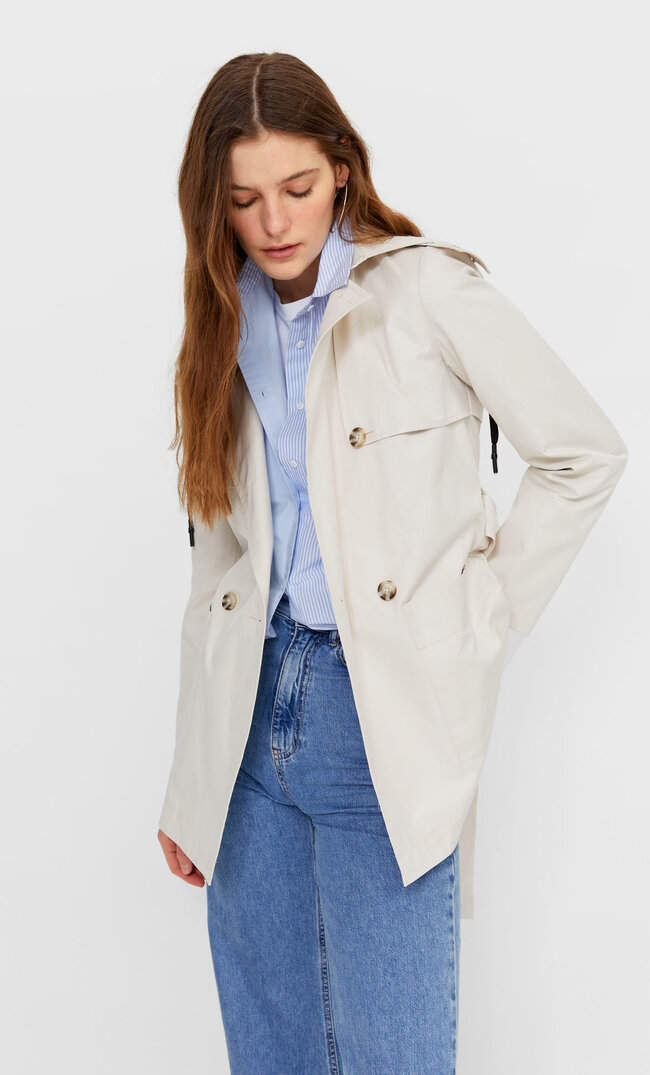 Stradivarius Trencz Wodoodporny Z Kapturem Kobieta Waniliowy S