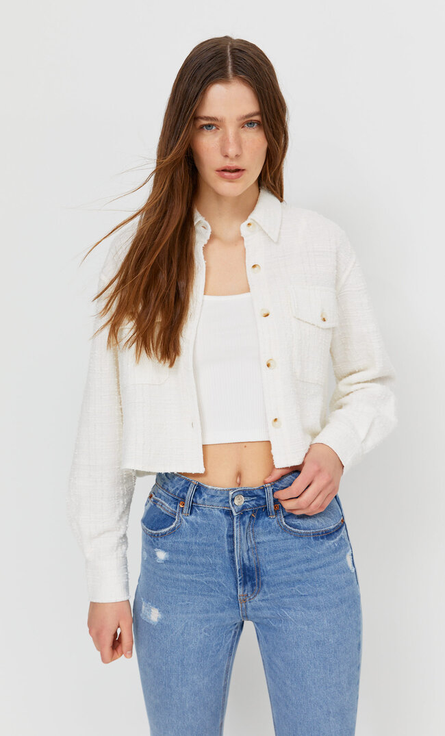

Stradivarius Kurze Hemdjacke Mit Karomuster Ecru Xl