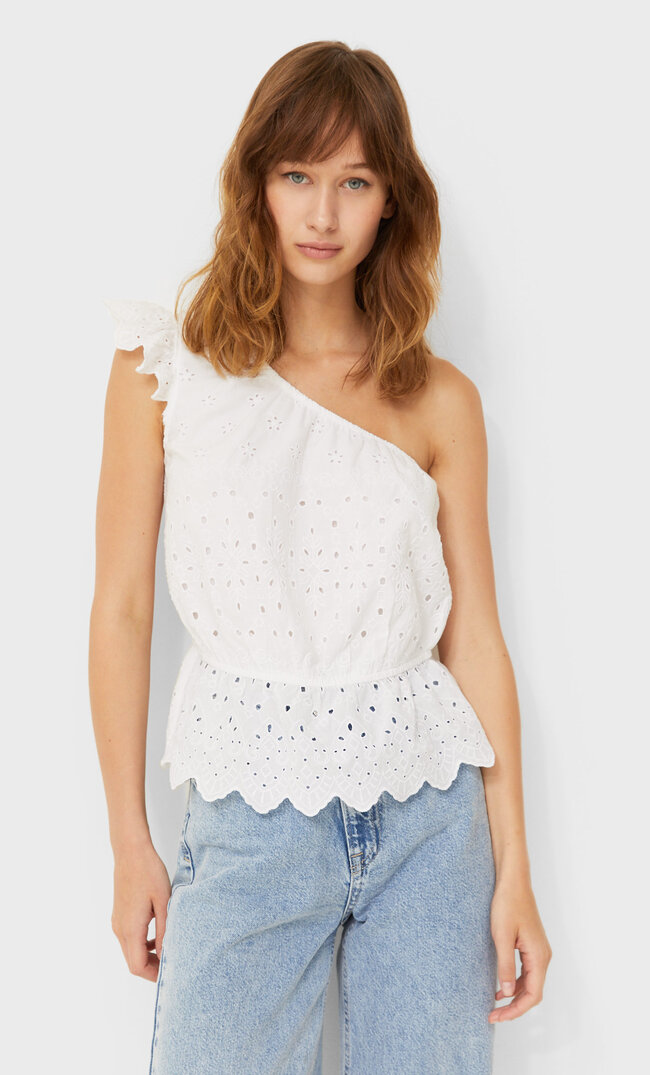 Stradivarius Asymmetrisches Top Mit Schweizer Stickerei Weiß S