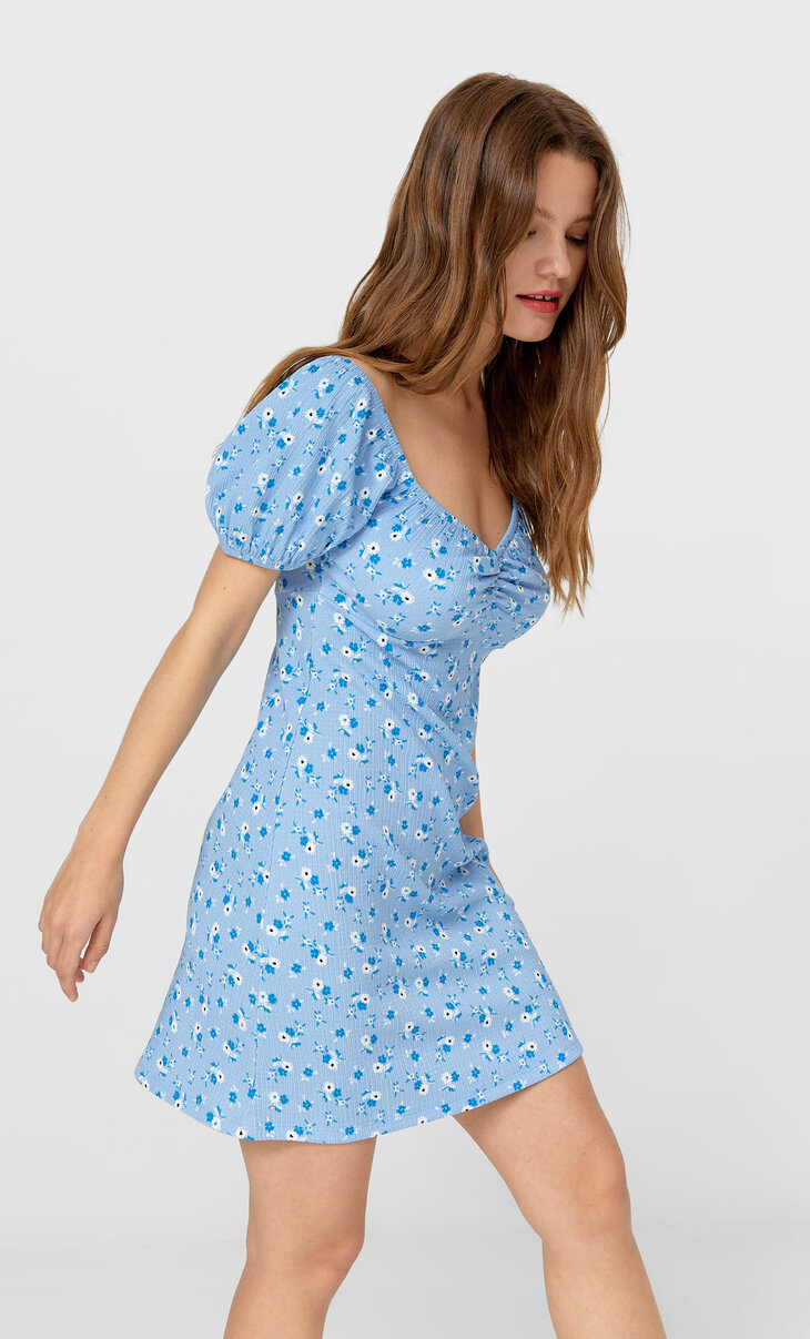 stradivarius midi dress in blue floral print