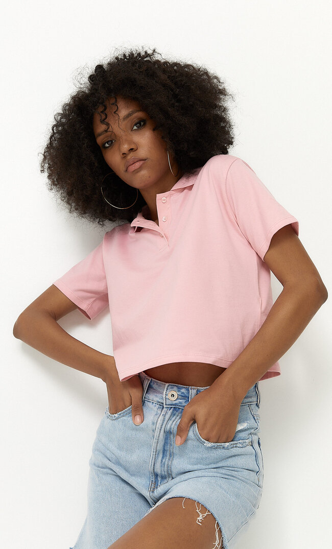 

Stradivarius Basic-Cropped-Poloshirt Kaugummirosa S