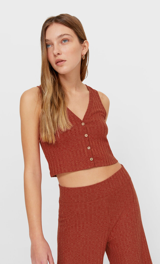 

Stradivarius Rustikale Cropped-Weste Mit Knöpfen Terrakottafarben L