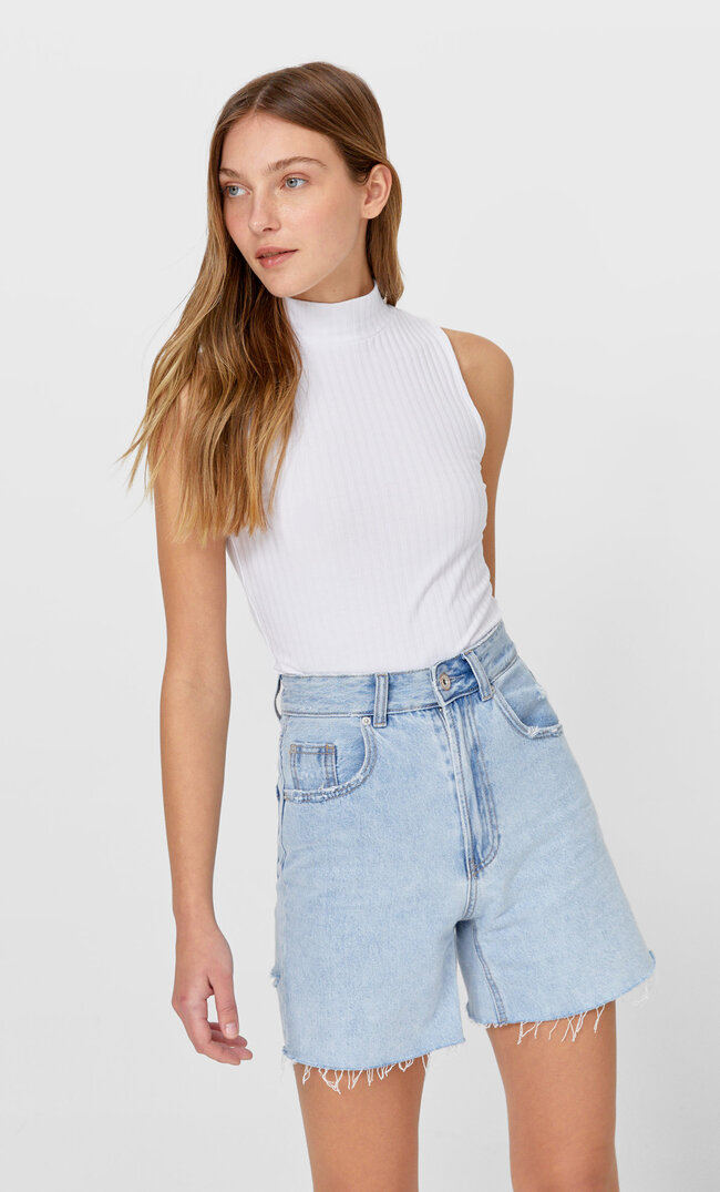 

Stradivarius Top Mit Geripptem Stehkragen Weiß Xs