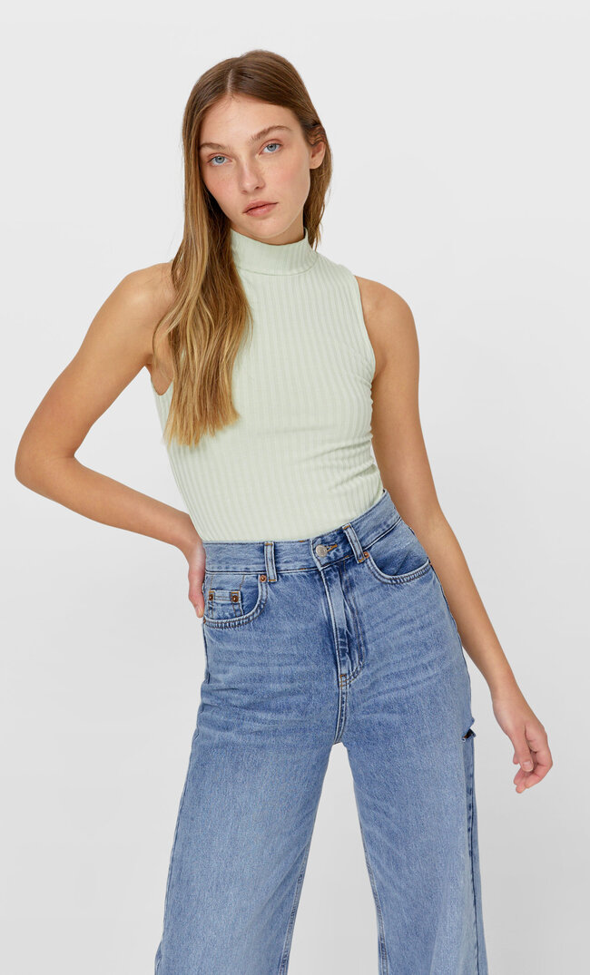

Stradivarius Top Mit Geripptem Stehkragen Aquamarin M