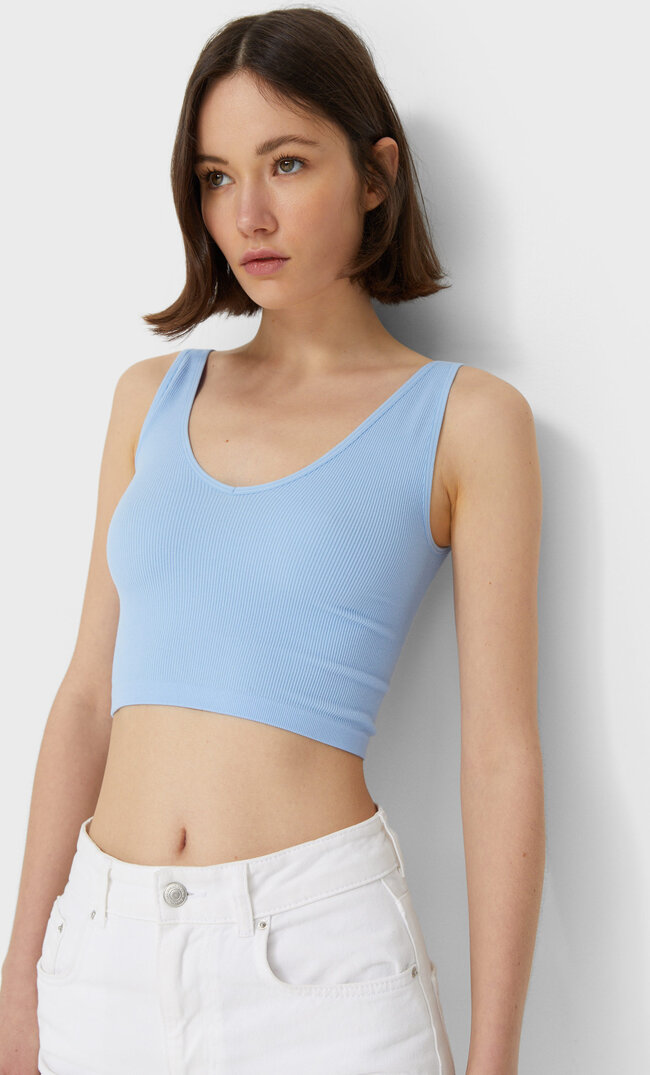 

Stradivarius Nahtloses Cropped-Top Mit V-Ausschnitt Himmelblau S