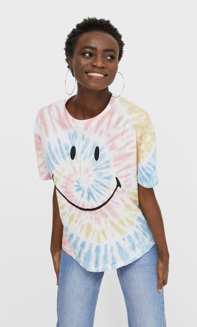 

Stradivarius Koszulka Smiley We Wzór Tie-Dye Kobieta Biały M