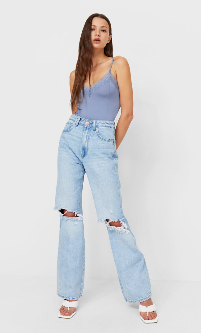 

Stradivarius Body Z Koronkowym Wykończeniem W Stylu Bieliźnianym Kobieta Błękitny Xl