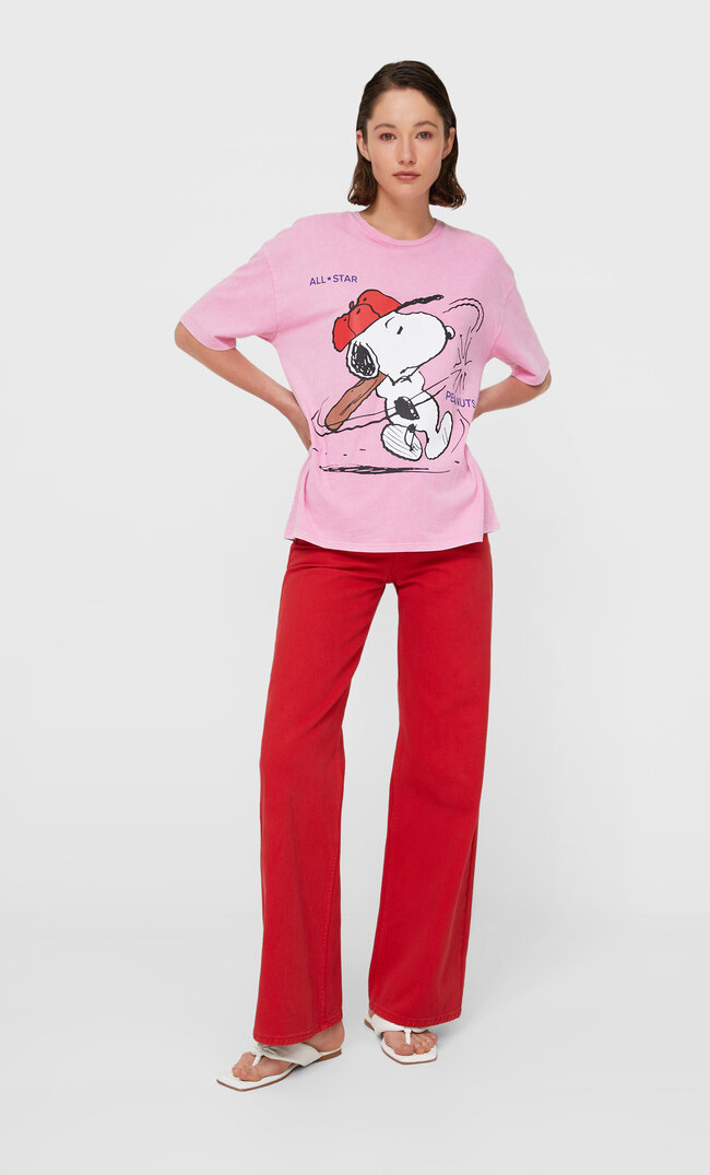 Stradivarius Oversize-Shirt Mit Snoopy-Print Kaugummirosa Xs