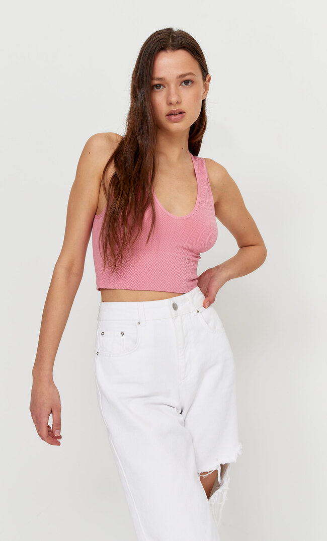 

Stradivarius Nahtloses Top Mit Zopfmuster Kaugummirosa Xs