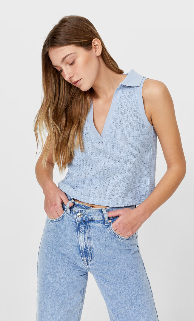 

Stradivarius Ärmelfreies Poloshirt Mit Ausschnittstickerei Himmelblau S